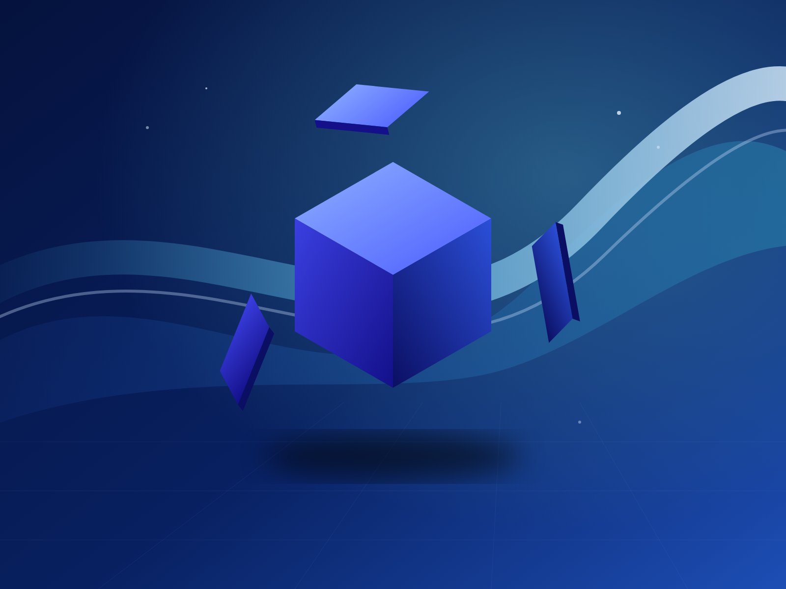 Abstract blue cube with floating panels, inspired by the DivineCrossingx logo